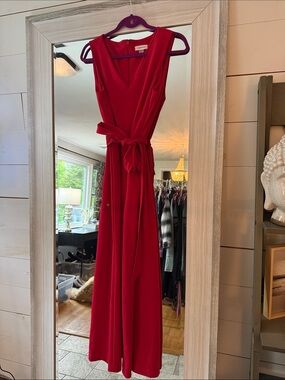 Calvin Klein Red Sleeveless Wrap Maxi Jumpsuit with Tie Waist